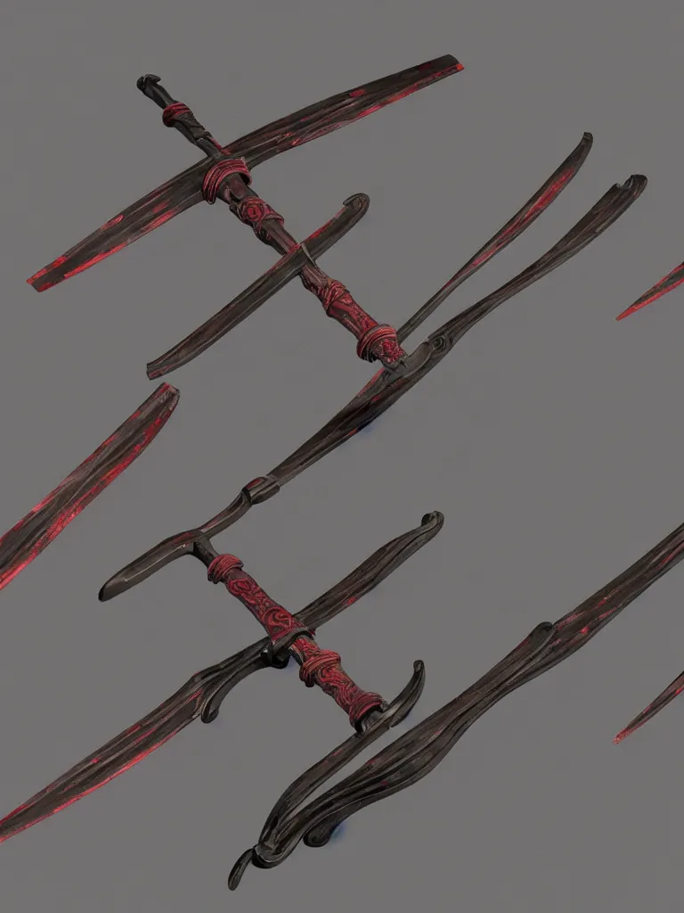 Prompt: double-bladed rose-colored scythe, the two blades are attached to either end of the handle, facing opposite directions, highly detailed, unreal engine