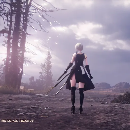 Prompt: Film still of 2B Nier Automata, from Red Dead Redemption 2 (2018 video game)