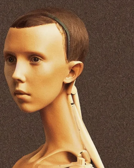 Image similar to millie bobby brown as a robot by leonardo da vinci