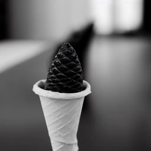 Image similar to a dramatic black-and-white macro photograph of an ice cream cone dressed in formal wear, ready for the banquet. Shallow depth-of-field.