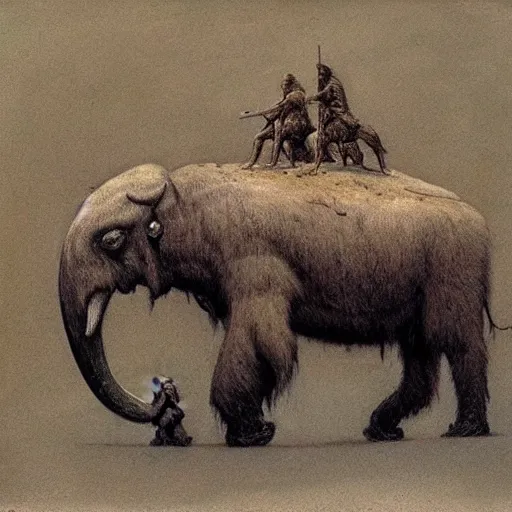 Image similar to ancient mammoth rider, wearing norse armor, beksinski