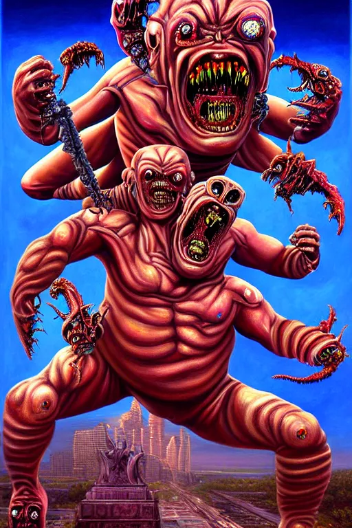 Image similar to a hyperrealistic painting of iron maidens eddie an epic boss fight against money devouring democratic politician demons, cinematic horror by chris cunningham, lisa frank, richard corben, highly detailed, vivid color,