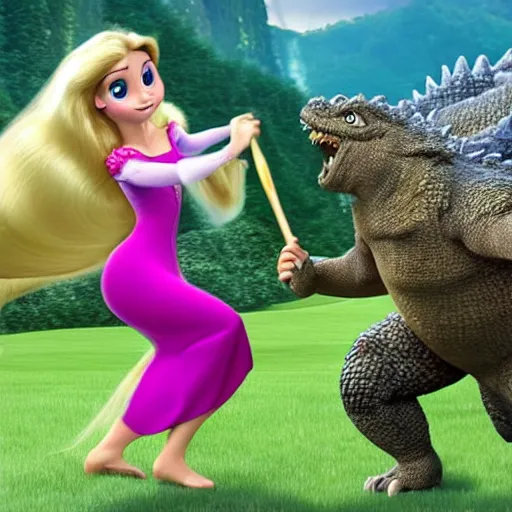 Prompt: princess rapunzel fighting godzilla with a frying pan