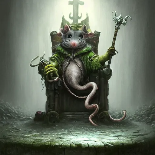 Prompt: murky sewer scene with a grinning rat king sitting on a throne, surrounded by other rats. trending on artstation, fantasy illustration, realistic, extremely detailed