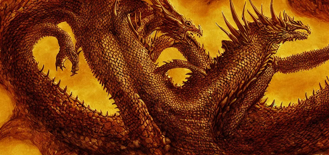 Prompt: Smaug the Dragon's horde of gold, digital painting