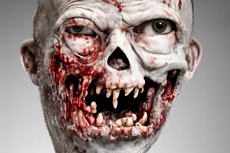Prompt: stock photo ugly real zombie head on a white background, minimalist, close up, studio lighting, detailed, photography, 82 mm sigma art