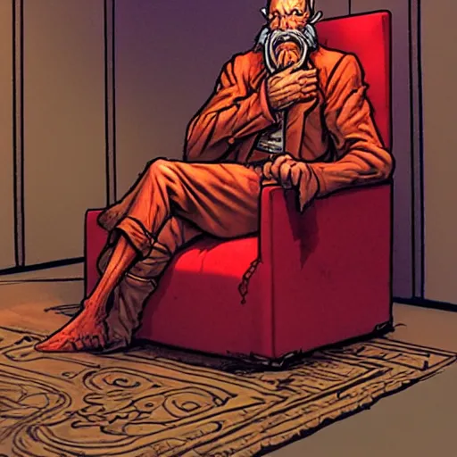 Image similar to rackham the red sitting in podcast! studio, in the style of moebius