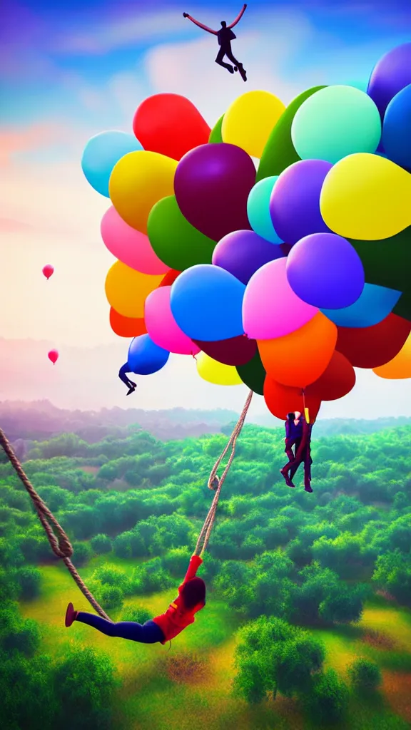 Image similar to large colorful balloons with people on rope swings underneath, flying high over the beautiful countryside landscape, professional painting, realistic, detailed, digital art, unreal engine