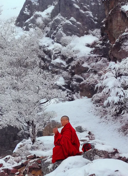 Image similar to Mountains, tea puer, Cat monk, winters, thanka