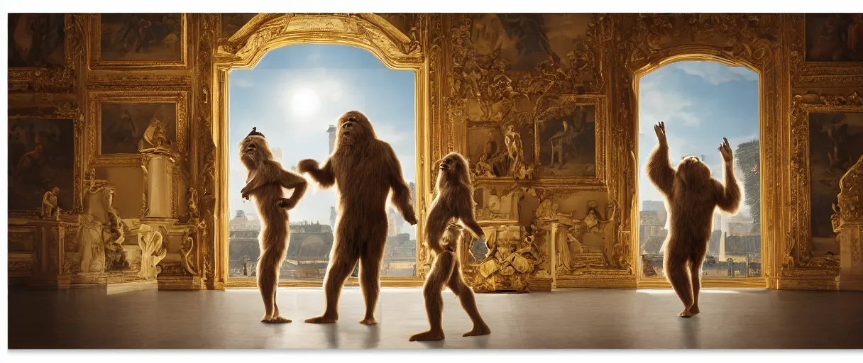 Image similar to accidentally wes anderson award - winning photograph of yeti and bigfoot visiting louvre, accidental renaissance, golden ratio, fibonacci composition, 4 k, detailed, art by greg rutkowsky, trending on artstation, cinematic lighting, filmic grain, golden hour, detailed, 4 k