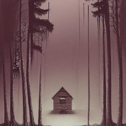 Prompt: a illustration of a eerie cabin in the middle of the woods in the style of beksinski