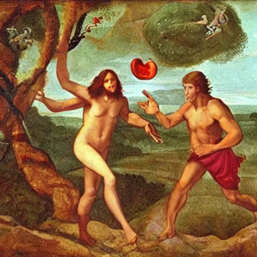 Image similar to news footage of Adam and Eve fleeing Eden, throwing an apple core at the cameraman