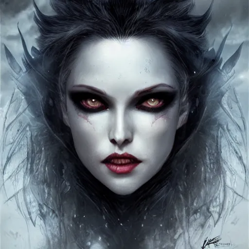 Prompt: kerli koiv as queen of the damned, darkwave, darksynth, concept headshot art, sharp, digital matte painting, art by luis royo, greg rutkowski, wlop, dramatic lighting, trending on artstation