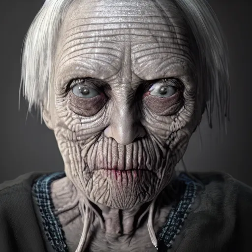 Prompt: a highly detailed photographic render of a creepy old woman in a dark room, haunted living room, horror, bloody, ghost, creepy, cinematic lighting, cinematic scene, Volumetric lighting, Atmospheric scene, Dark, Horror, Atmospheric lighting, Global illumination cinematic render, film, beautifully lit, ray traced, octane 3D render, octane render, unreal engine