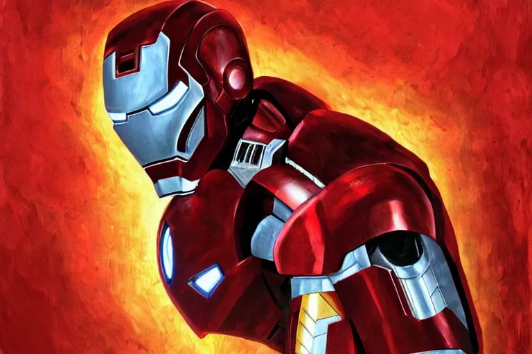 Prompt: a blood red iron man suit, comic iron man, evil, iron man, robot, marvel, oil painting, gta 5 cover art, by artgem