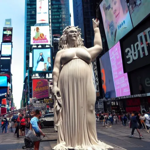 Image similar to a giant greek statue of a woman in times square