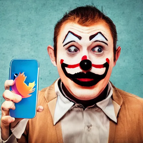 Image similar to sad clown holding a phone with the twitter logo on it