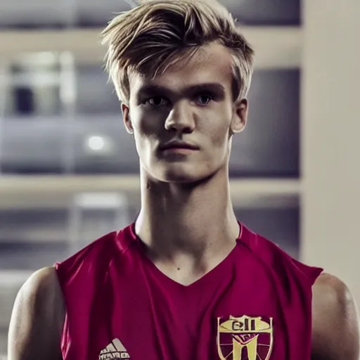 Image similar to a realistic detailed photo of a guy who is an attractive humanoid who is half robot and half humanoid, who is a male android, soccer player martin ødegaard, shiny skin, posing like a statue, blank stare, in a living room, on display, showing off his muscles