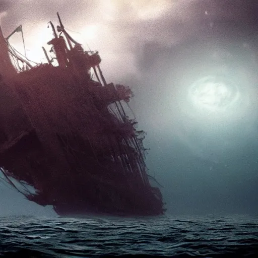 Image similar to an old ship on the bottom of the ocean that sunk long ago. mysterious, intimidating, haunted. horror movie screencap. epic. trending on artstation