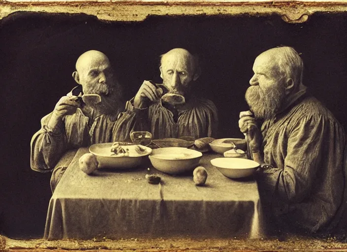 Image similar to old wetplate daguerreotype potato eaters by van gogh, fractal, intricate, elegant, highly detailed, parallax, leica, medium format, subsurface scattering, by jheronimus bosch and greg rutkowski and louis jacques mande daguerre