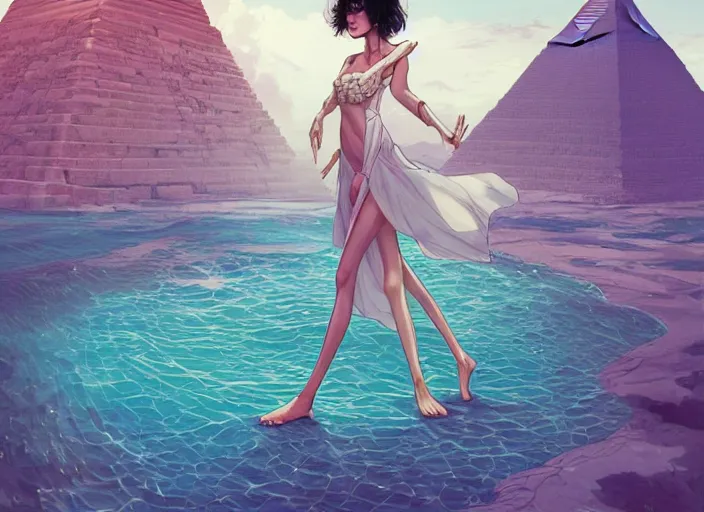 Image similar to lee jin - eun in luxurious dress emerging from turquoise water in egyptian pyramid city during an eclipse by peter mohrbacher, conrad roset, m. k. kaluta, martine johanna, rule of thirds, elegant look, beautiful, chic, face anatomy, cute complexion