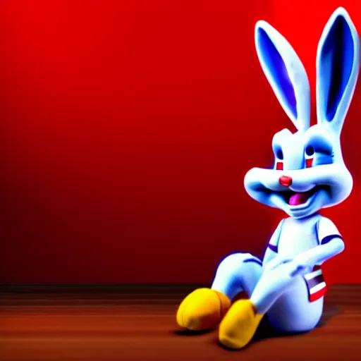 Image similar to photo of a bugs bunny toy sitting infront of a red wall with blue stripes ultra realistic, lens flare, atmosphere, glow, detailed, intricate, full of colour, cinematic lighting, trending on artstation, 4 k, hyperrealistic, focused, extreme details, unreal engine 5, cinematic, masterpiece, ultra realistic, hyper realistic, highly detailed, sharp focus, digital art