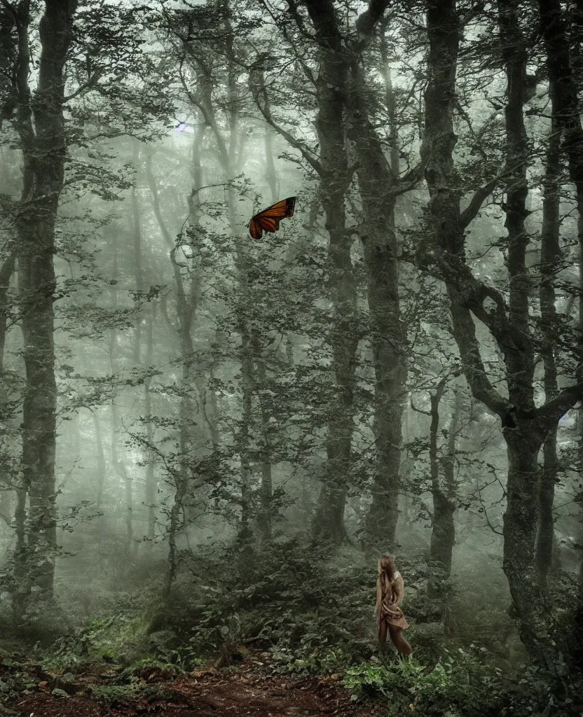 Prompt: dartmoor forest, cute female moth winged sprite creature, near camera, cinematic, bloom, cinematography, fog, magical