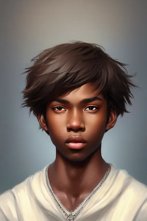 Image similar to young teenager boy with straight short brown hair, dark skin, big lips. highly detailed, d & d, fantasy, highly detailed, digital painting, trending on artstation, concept art, sharp focus, illustration, art by artgerm and greg rutkowski and fuji choko and viktoria gavrilenko and hoang lap