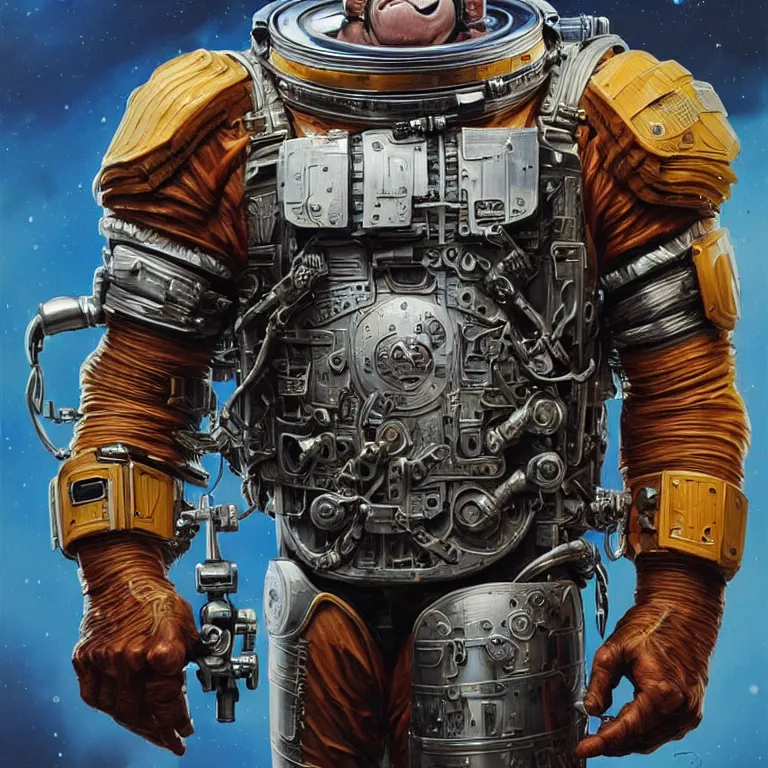 Image similar to a portrait of a muscular anthropomorphic cyberpunk orangutang in spacesuit armor with ensignia on chest plate by sandra chevrier, by jon foster, detailed render, pistol in holster, extremely hyperdetailed, tape deck, epic composition, cybernetics, 4 k realistic, cryengine, realistic shaded lighting, sharp focus, masterpiece, by enki bilal
