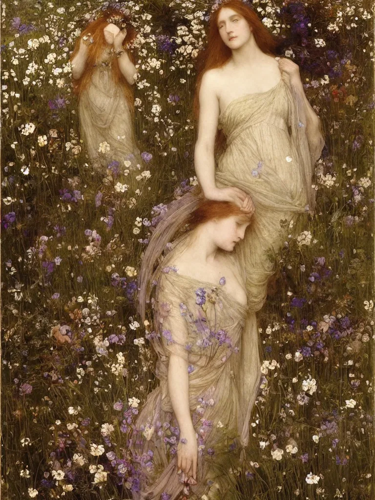 Image similar to beautiful pre - raphaelite woman, flower halo, flowing gown with empire waist in a wildflower meadow, floating leaves, fairys and flower petals in background, painterly, briar patch, thorns, dreamy, painted by jeremy mann, edward burne - jones, and john everett millais, alma tadema, ethereal, stunning, god rays, detailed