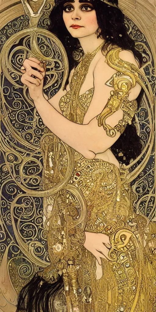 Image similar to realistic detailed dramatic Art Nouveau portrait of Theda Bara as Cleopatra wearing an elaborate jeweled gown by Alphonse Mucha and Gustav Klimt, gilded details, intricate spirals, coiled realistic serpents, Neo-Gothic, gothic, ornate medieval religious icon, long dark flowing hair