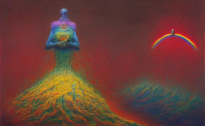 Image similar to a painting of the rainbow sparks terror in hearts unpure, biomorphic, highly detailed, surrealist painting by beksinski, alex grey and melted plastic, oil on canvas, trending on artstation