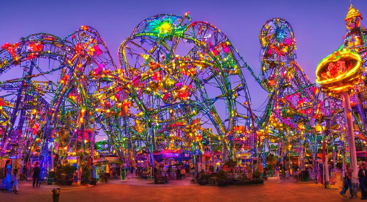 Image similar to A magical and highly technological amusement park at twilight, colorful, dark, highly detailed