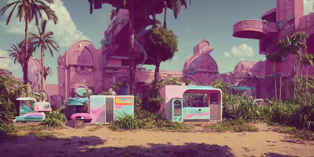 Prompt: 80s outdoor retro arcade, pastel colors, desolate, lush vegetation, moody:: by beeple and James Gilleard and Justin Gerard :: ornate, dynamic, particulate, intricate, elegant, highly detailed, centered, artstation, smooth, sharp focus, octane render, 3d