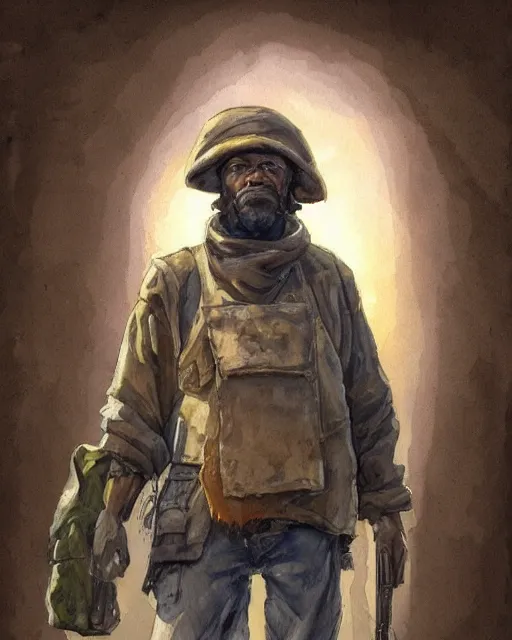 Image similar to a oil / watercolor painting full body character portrait of a homeless soldier past his prime in the style of moebius in the style of leonard boyarsky trending on artstation deviantart pinterest detailed photorealistic highlights and shadow hd 8 k post - processing high resolution