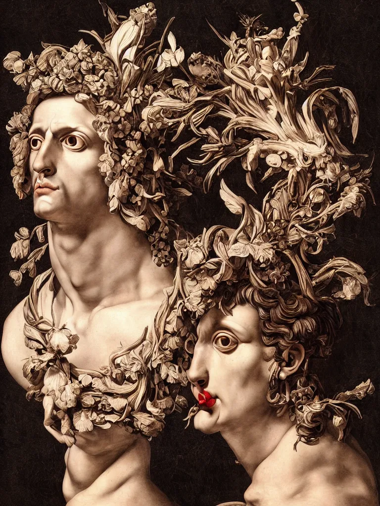 Image similar to Detailed maximalist portrait a Greek god bust with large lips and with large white eyes, angry, fleshy botany, HD mixed media 3d collage, highly detailed and intricate, surreal illustration in the style of Caravaggio, dark art, baroque