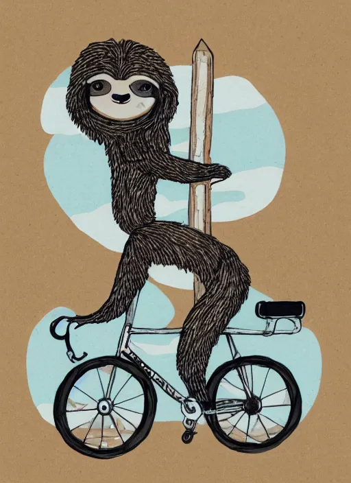 Image similar to drawing of a sloth urban outfitters style riding a bike going to the beach