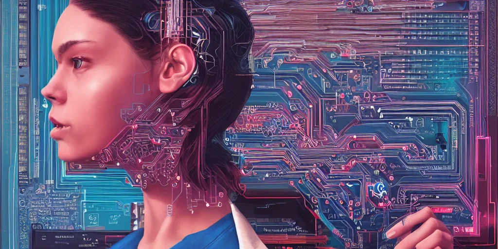 Image similar to portrait of computer & circuits, 8 k, by tristan eaton, trending on deviantart, face enhance, hyper detailed, minimalist, super detailed, cinematic, unreal engine, octane render, chalk texture on canvas