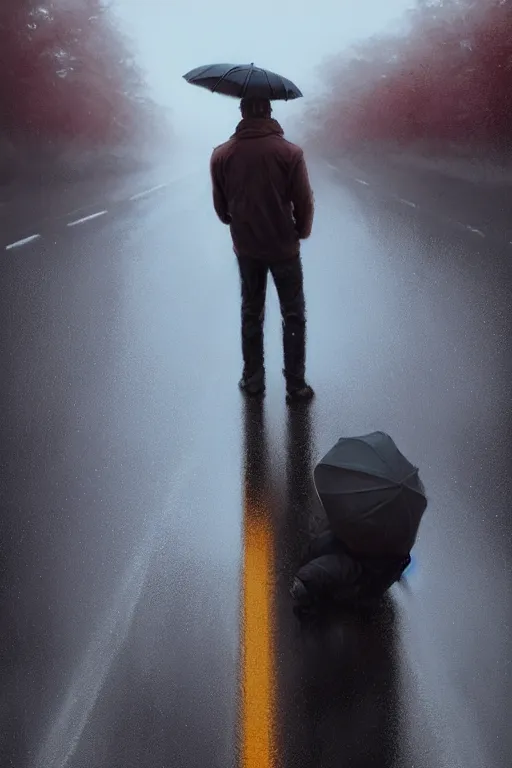 Image similar to Full body portrait of a short, overweight teenage boy, medium length brown hair and fringe, not intelligent, standing in road, rainy wet day, cinematic lighting, by Jordan Grimmer and Wojtek Fus and greg rutkowski, Trending artstation, cinematográfica, digital Art