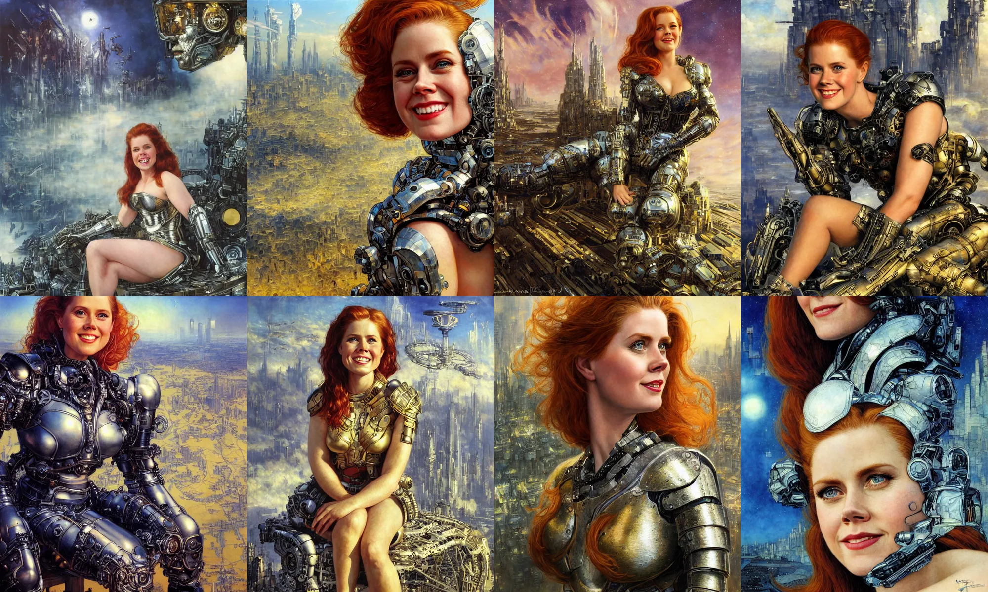 Prompt: close - up portrait of epic young amy adams smiling into camera, intricate cyborg armor, sitting on a bench, vista of futuristic city, windy, golden hour, wlop, by gerald brom, by mikhail vrubel, by peter elson, extreme detail, trending on artstation