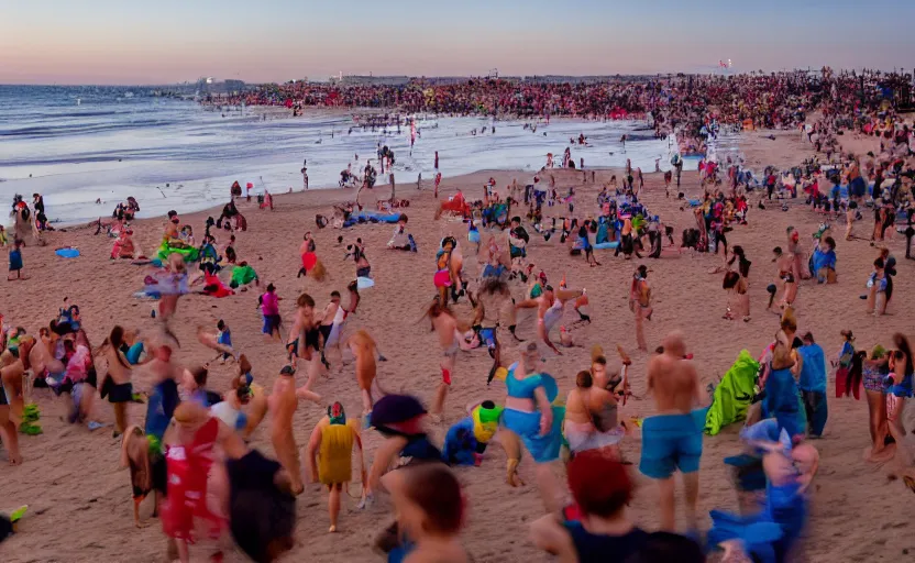 Prompt: long exposure photography of a crowd of muppets having a crazy party at the beach,