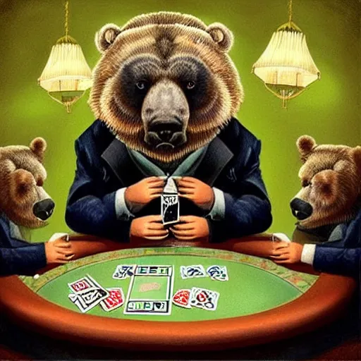 Prompt: “tardigrade and grizzly bear mobsters playing poker in a dimly lit basement poker table”