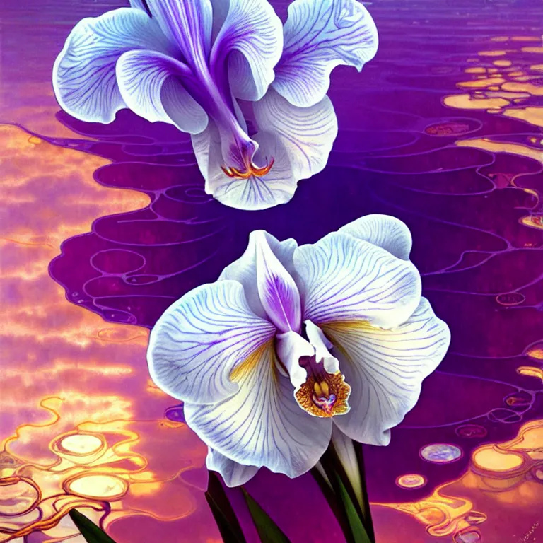 Image similar to detailed giant white holographic orchid iris hybrid flower surrounded by waves, lsd water, lsd ripples, droplets, backlit, sunset, refracted lighting, art by collier, albert aublet, krenz cushart, artem demura, alphonse mucha