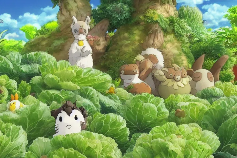 Image similar to cute fluffy creatures in the cabbage garden by studio ghibli, very high detail, 4k