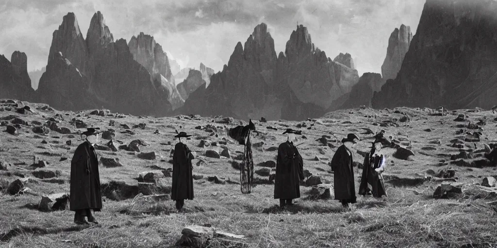 Prompt: 1920s photography of occult priests with hay coats and horn with dolomites in the background, occult signs, witch burning, solstice fire, alp, dolomites, alpine, detailed intricate insanely detailed octane render, 8k artistic 1920s photography, photorealistic, black and white, chiaroscuro, hd, by David Cronenberg, Raphael, Caravaggio