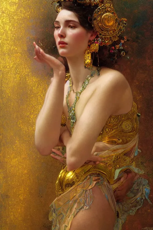 Image similar to an intricate artistic pose painting of a beautiful young goddess with an artistic sensual pose with klimt golden motives and textures, hyper detailed, ornamental gold headpiece, octane render, vivid colors, artstation, by jeremy mann, by alphonse mucha, by boris vallejo