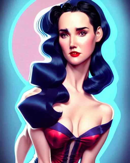 Image similar to a pin up and beautiful fashion charming dreamlke jennifer connelly, symmetrical face, symmetrical eyes, character art, art by artgerm lau and wlop and and ilya kuvshinov and john singer sargent, joshua middleton comic art