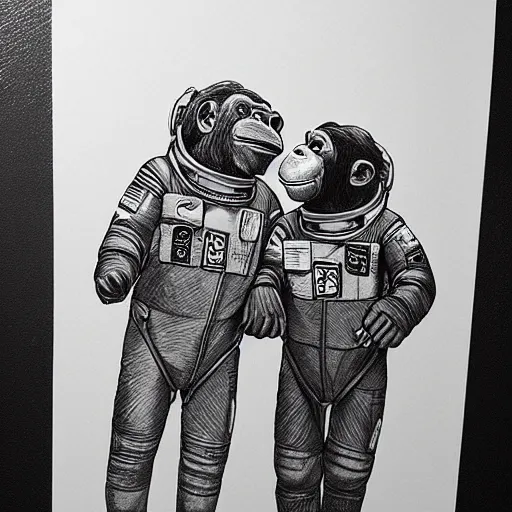 Image similar to pencil art, portait, highly detailed, epic, astronaut chimpanzee holding hands with a friendly human astronaut.