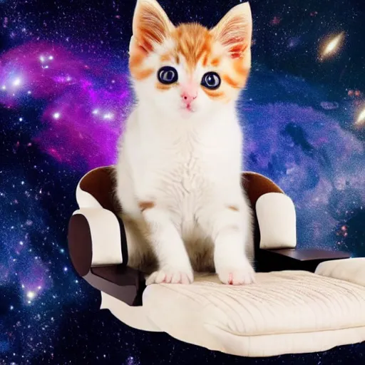 Image similar to a kitten with a cape floating through galaxies of space on a recliner chair