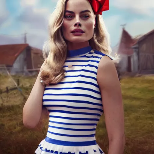 Prompt: fullbody portrait of margot robbie in white blue striped sleeveless, dress, russian ww 1 village at background, red bow in hair, style ivan talavera and artgerm, radiant lighting, hyper realistic, photorealistic, octane render, trending on artstation, cgsociety, cinematic light, global illumination